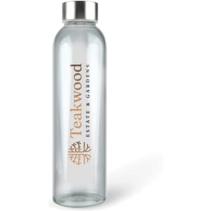 A drink bottle made of clear glass with a silver metal lid and a logo on the side.