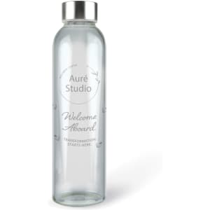 A drink bottle featuring a clear glass design with a silver metal cap and a logo.