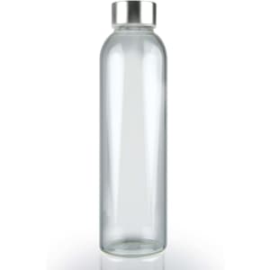 A drink bottle featuring a clear glass body and a stainless steel screw-on lid.
