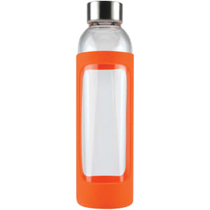 A drink bottle with a clear glass body and an orange silicone sleeve. Features a metal lid and a branding logo.