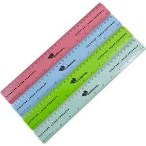 A set of four 30cm rulers in pink, green, blue, and transparent colors, each with a logo.