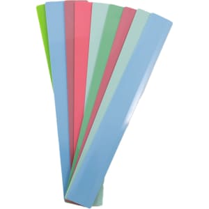 A set of multi-colored recycled plastic rulers, including shades of blue, green, pink, and mint green, stacked together.