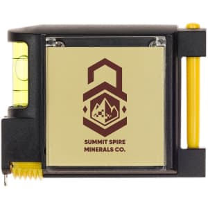 A black and yellow tape measure with a level and a logo displayed on the front.