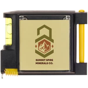 A black contractor tape measure with a yellow level, featuring a logo on a tan background.