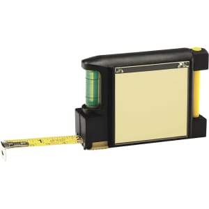 A yellow and black contractor tape measure with a built-in spirit level and retractable measuring tape.