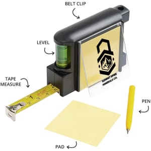 A black contractor tape measure with a yellow measuring tape, level, pen, and notepad. It has a logo on it.