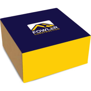 A square box with a blue top and yellow sides, featuring a logo on the top.