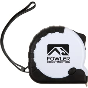A white and black retractable tape measure with a logo, featuring a wrist strap for easy handling.