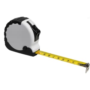A retractable tape measure featuring a black and white casing and a yellow measuring tape extended to about 3 metres.