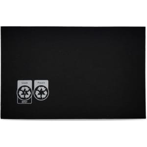 A black RPET microfibre lens cloth with labels for cloth and pouch, featuring a logo.