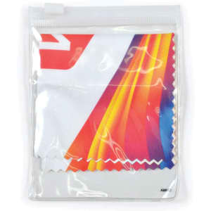 A microfibre lens cloth in a clear plastic pouch, featuring a colorful gradient design.