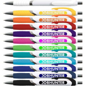 A collection of multi-coloured plastic pens arranged in a row, featuring a logo on each pen.
