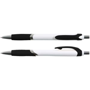 A pen with a white barrel, black grip, and silver accents, featuring a round clip. It has a sleek design.
