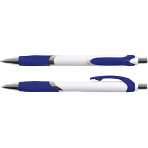 A blue and white pen with a textured grip and clip, featuring a metallic tip. It includes a branding logo.