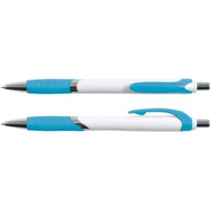 A promotional pen in white with blue accents, featuring a grip section and a clip. It has a logo on the barrel.