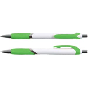 A Vespa Pen featuring a white body with green accents and a textured grip for comfortable writing.