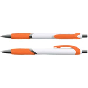 A pen featuring a white body with orange accents and a textured grip. The pen has a logo present.