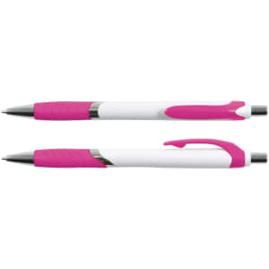 A pink and white pen with a textured grip and a clip on the side, featuring a sleek design.
