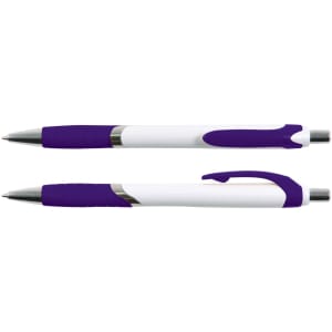 A purple and white pen with a comfortable grip, featuring a silver-colored nib and a branding logo.