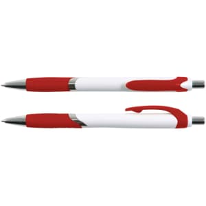 A red and white pen with a smooth barrel and grip, featuring a chrome clip and tip. Branding visible.