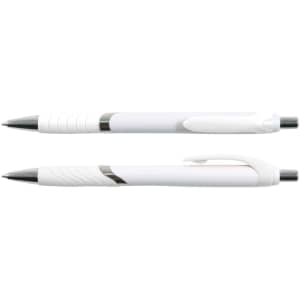 A set of two white pens with chrome accents, featuring a textured grip and click mechanism for easy use.