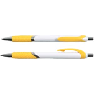 A white and yellow Vespa Pen with a sleek design, featuring a comfortable grip and a click mechanism.