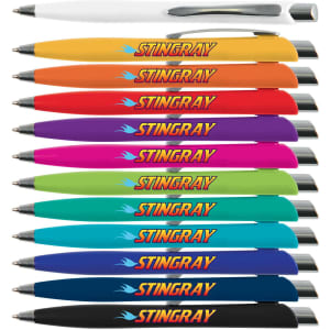 A variety of Stingray pens in multiple colours, featuring a logo and a sleek design.