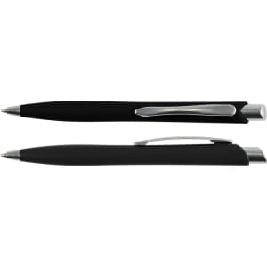 A black plastic pen with a sleek design and a silver clip, featuring a smooth writing tip.