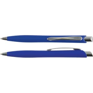 A set of blue plastic pens with silver accents and clips, designed for writing.