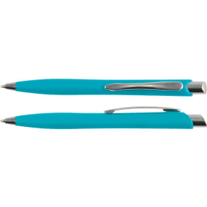 A plastic pen in vibrant turquoise, featuring a sleek design and a silver clip. The pen has a logo visible.