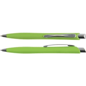 A green plastic pen with a sleek design and a silver clip. The image features two angles of the pen.