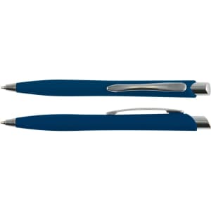 A blue plastic pen with a smooth finish and silver clip, displayed from different angles. It features a branding logo.