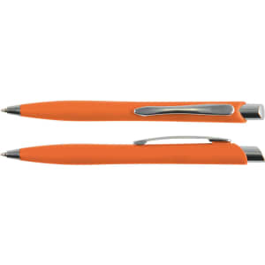 An orange plastic pen with a sleek design and silver accents, featuring a clip for easy attachment.