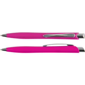 A pink plastic pen, the Stingray Pen, featuring a sleek design with a metal clip and tip.