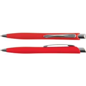 A set of red plastic pens with a silver clip and accents, featuring a sleek design.