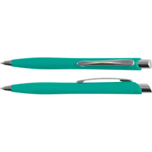 A teal plastic pen with a silver clip, featuring a sleek design and a shiny tip.