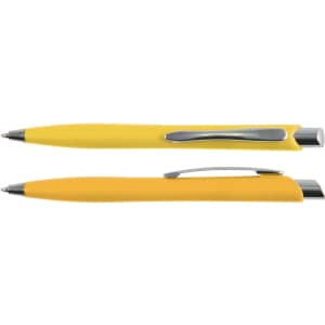 A yellow plastic pen with a silver clip, featuring a sleek design and a glossy finish.