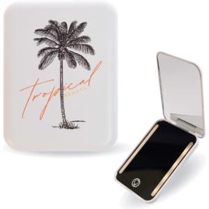 A white LED compact mirror featuring a palm tree design and a reflective interior. It has a logo on the back.
