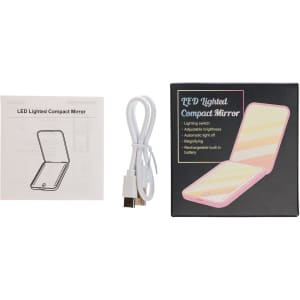 A LED compact mirror in a black box, accompanied by a user manual and a white USB charging cable.