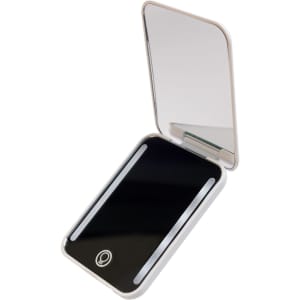 A compact mirror with LED lighting, featuring a sleek silver frame and a reflective black surface.