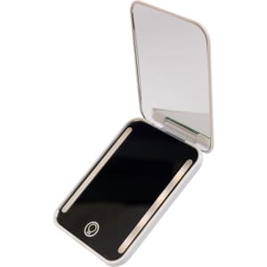 A compact mirror with a black surface and a silver frame, featuring built-in LED lights and a branding logo.