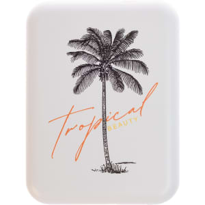 A LED compact mirror featuring a palm tree design and the text "Tropical Beauty."