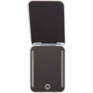 A LED compact mirror with a sleek design, featuring an illuminated interior for enhanced visibility.
