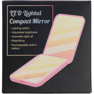 A LED compact mirror in a pink case, featuring a lighting switch and adjustable brightness, with a built-in rechargeable battery.