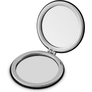 A compact mirror with a shiny silver finish, featuring two reflective surfaces inside. It has a branding logo.