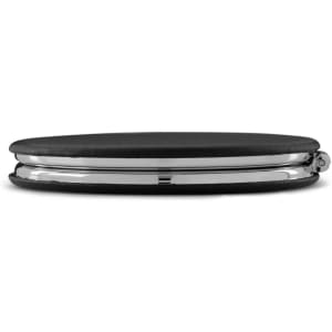 A sleek black compact mirror with a shiny chrome edge, featuring a simple and elegant design.