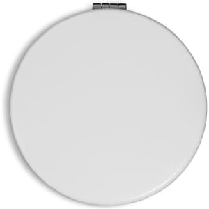 A compact mirror with a smooth white finish, featuring a simple metallic hinge and a circular shape.