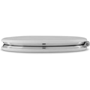 A compact mirror with a sleek silver edge and a smooth white surface, featuring a logo.