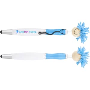 A stylus pen with a blue-haired, smiling character on top, featuring a white barrel and black and silver trim.