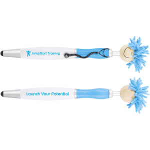 A pen stylus with a blue and white design, featuring a playful mop-top head and a logo on the barrel.